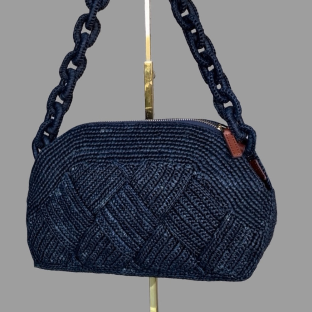 SEZANE Navy Blue Woven Braided Raffia Shoulder Bag Chain Link Strap Isabelle Bag - Picture 14 of 14